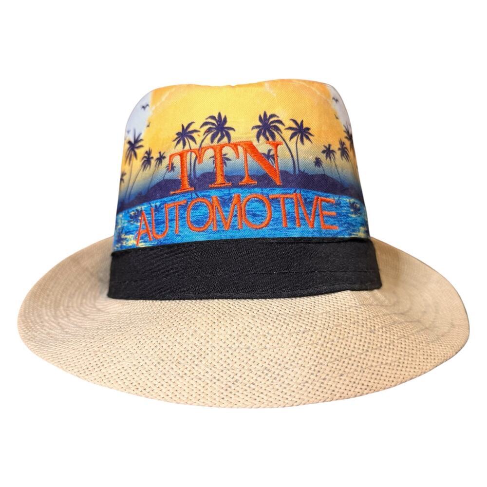 Paper Straw Fedora Island Theme Branded TTN Automotive Logo Hat Size 58 (7 1/4)